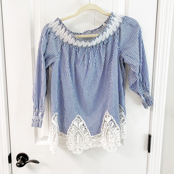 Gibson Latimer Blue Striped Off the Shoulder Top Lace Accent Size Medium - Picture 4 of 9